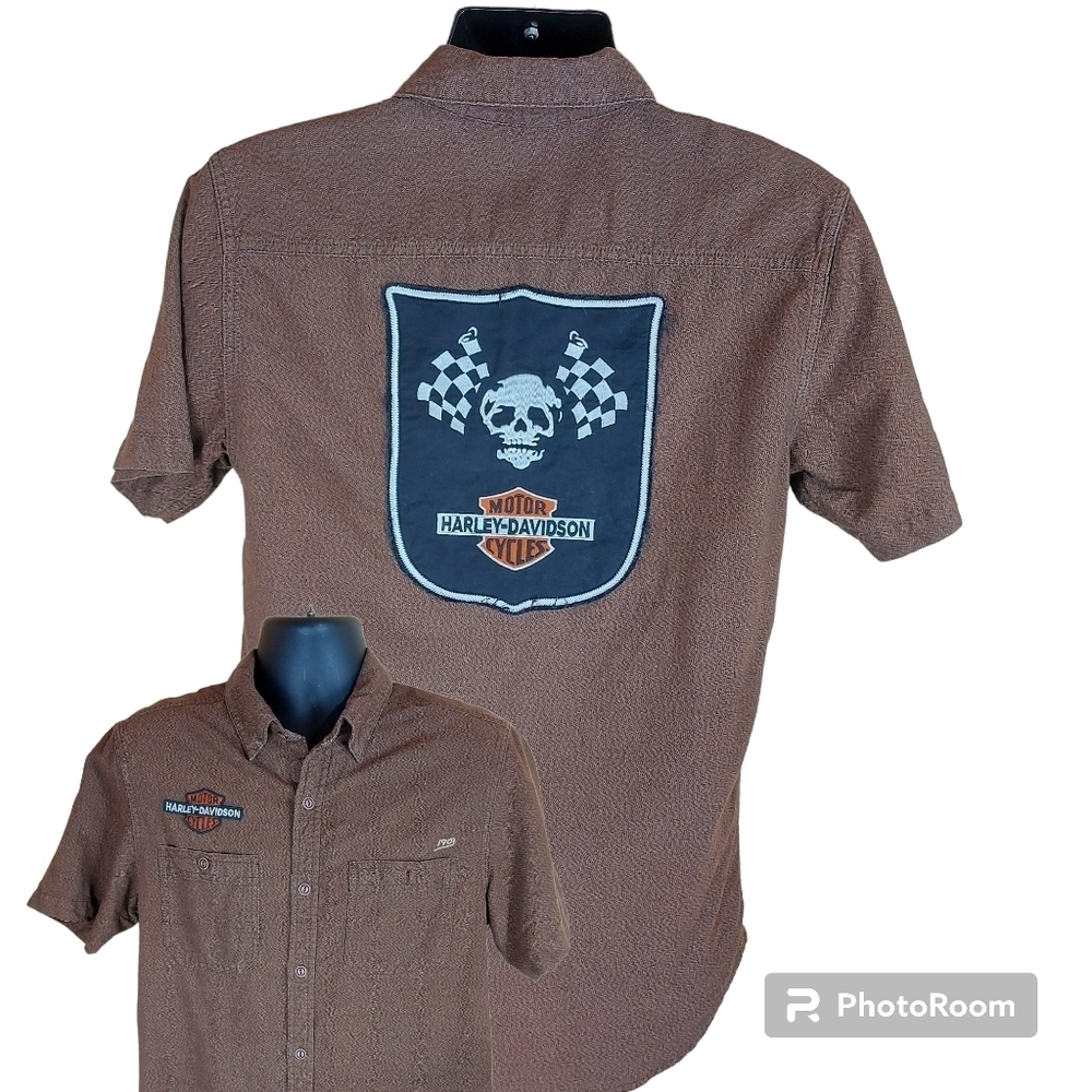 HARLEY DAVIDSON short sleeve men's brown  button down shirt Size Small